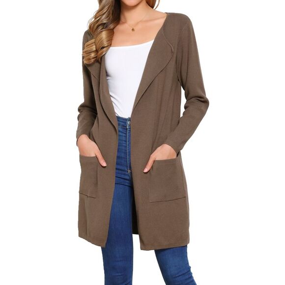 Fall Open Front Long Sleeve Mid Long Knit Cardigan Jacket Coffee - Picture 1 of 7